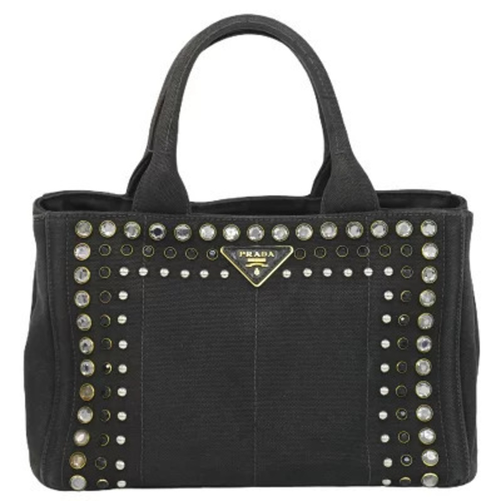 Prada Canapa Tote Bag Rhinestone Embellishments Canvas Black